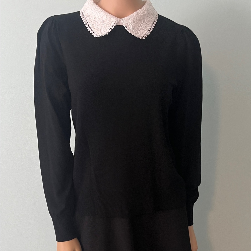 Women's Black Sweater with White Lace Collar